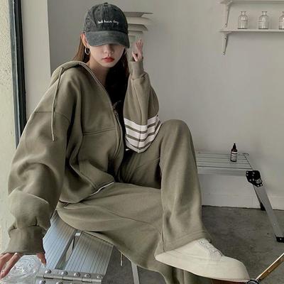 Σετ Φόρμας Influencer Γυναικείο: Φαρδύ Φούτερ με Κουκούλα και Φερμουάρ Κορεάτικου Στυλ & Φόρμα Τζόκινγκ για Φθινοπωρινή/Ανοιξιάτικη Καθημερινή Μόδα