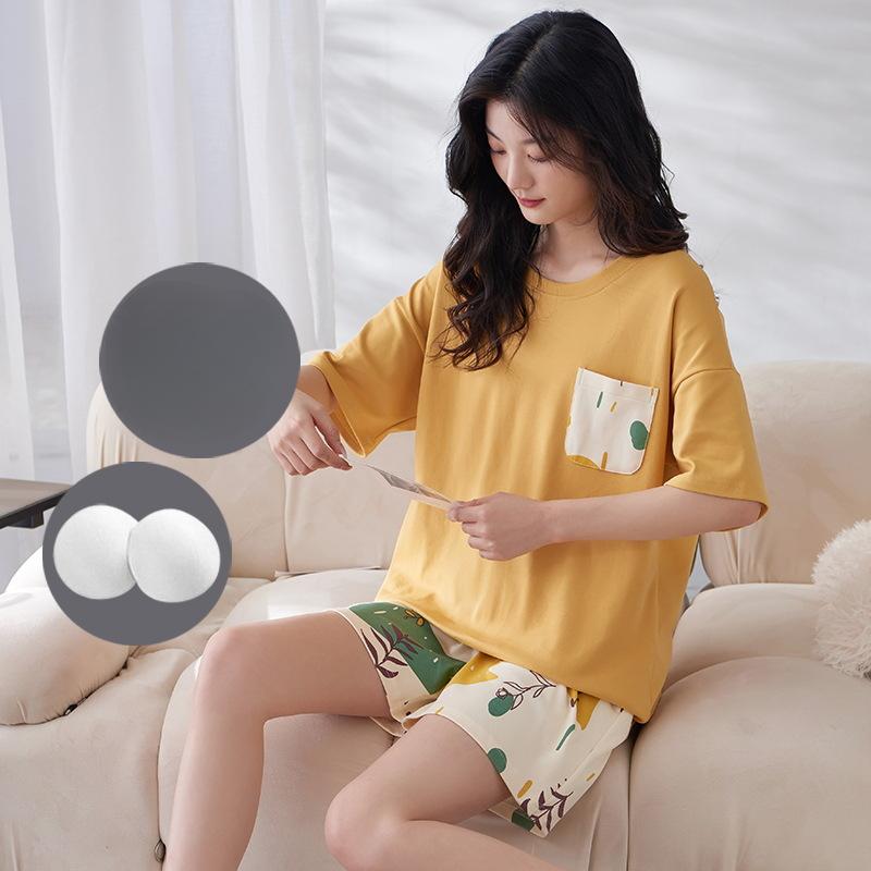 Pyjama Damen Sommer mit Kissen, süßen und niedlichen Shorts, kann außerhalb des kurzärmeligen Baumwollanzugs Homewear getragen werden