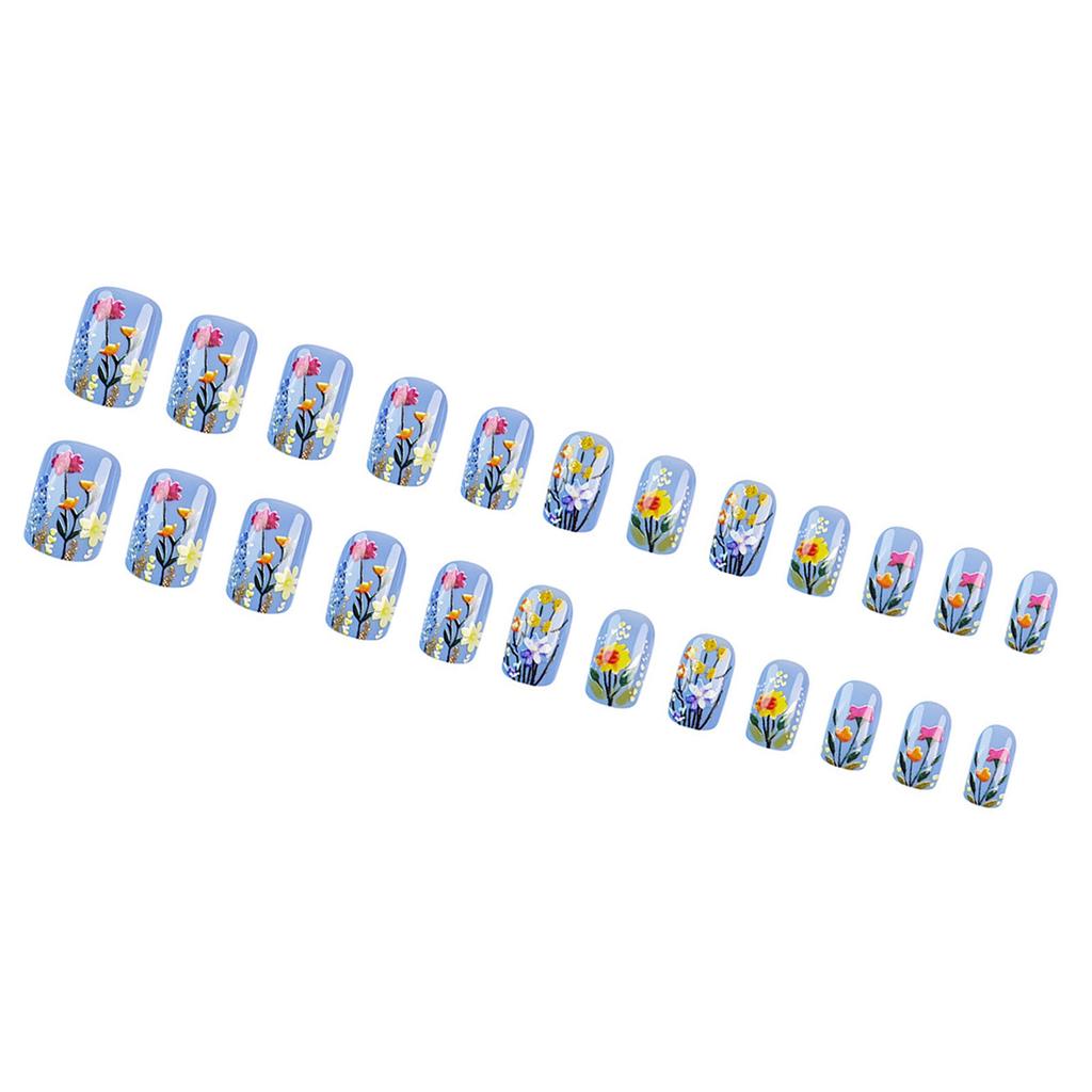 24 szt. Krótkie Naklejane Paznokcie Francuski Kwadrat Fioletowe Pełne Krycie Akrylowe Paznokcie z Floralnymi Wzorami dla Kobiet i Dziewcząt