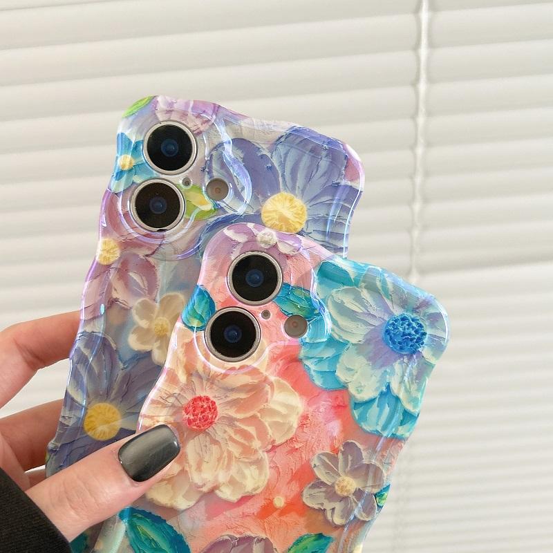 Korean Retro Oil Painting Phone Case For iPhone 16 15 14 13 12 Pro Max Plus 11 Luxury 3D Flowers Print Back Cover Artistic Decor