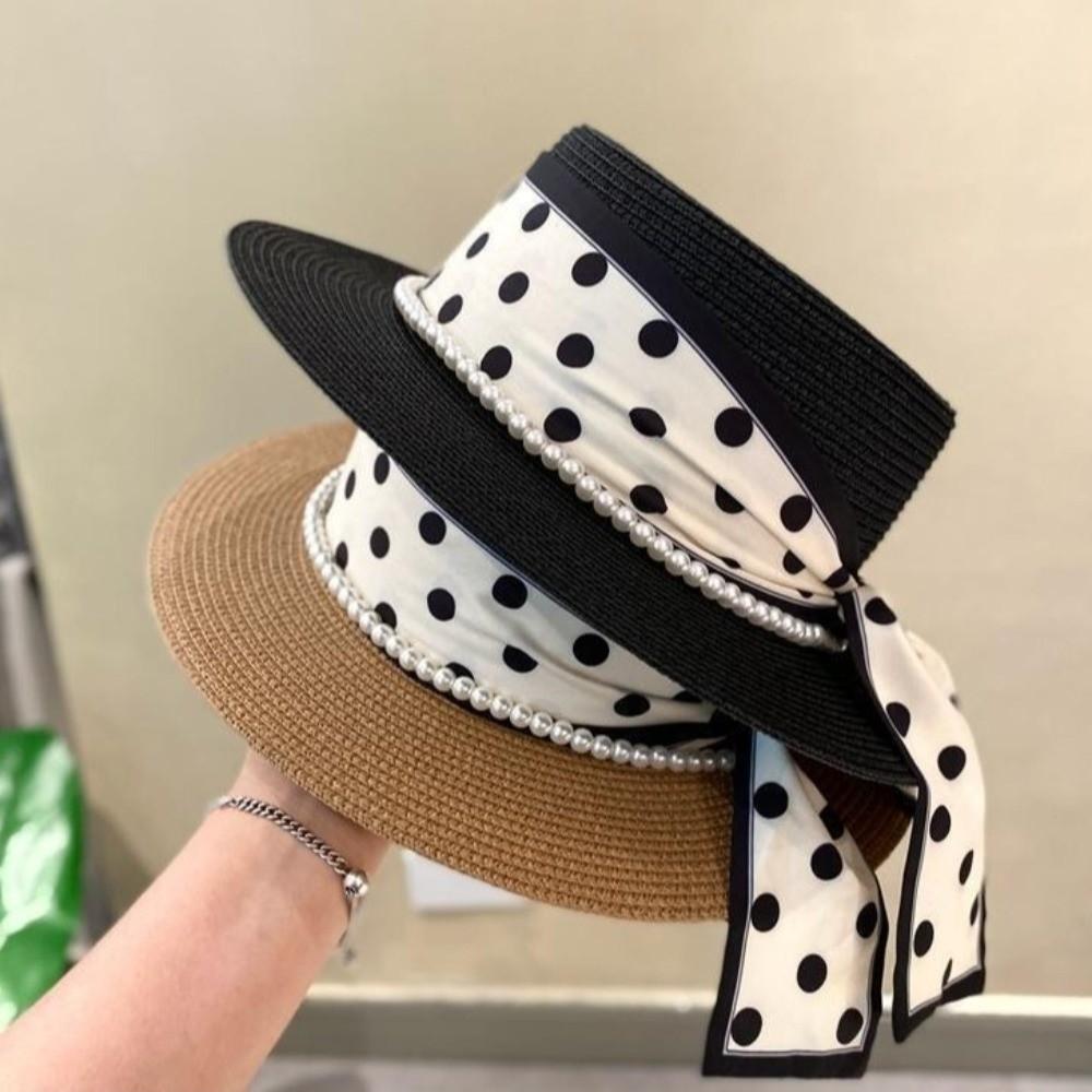 Straw Weaving Sun Protection Cap Dot Ribbon Wide Brim Hat Vacation Beach Straw Cap  Sun Protection