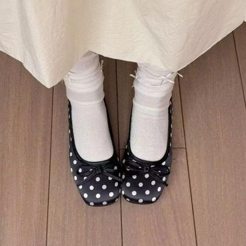 Polka Dot Bow Flat-soled Single Shoes Soft-soled Comfortable Office Workers Commuter Casual Shoes Square Head Spring and Summer Women's Shoes