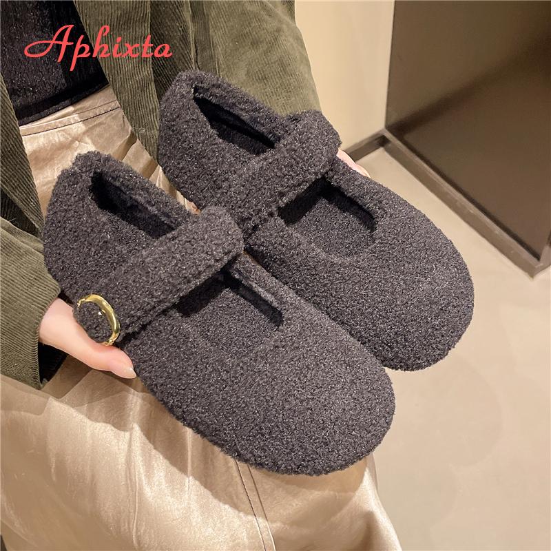 Fashion Aphixta Flat with Furry Shoes for Woman Soft Short Plush Buckle Women's Loafers Korean Style Ladies Shoe Luxury Brand Shoes