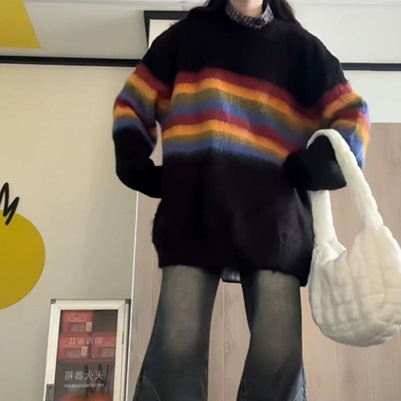 Ladies Colored Striped Black Sweater Korean Loose Female Knitted Sweaters Autumn Fashion  Women Versatile Pullover Tops