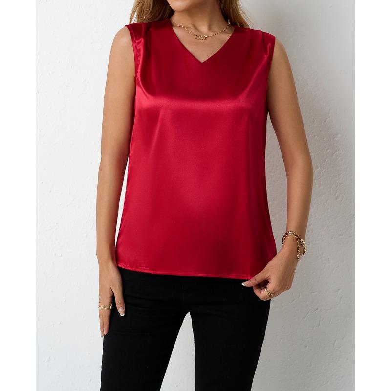 Women's Spring and Summer Color Satin Shirt Temperament Commuting Sleeveless Blouses & Shirts
