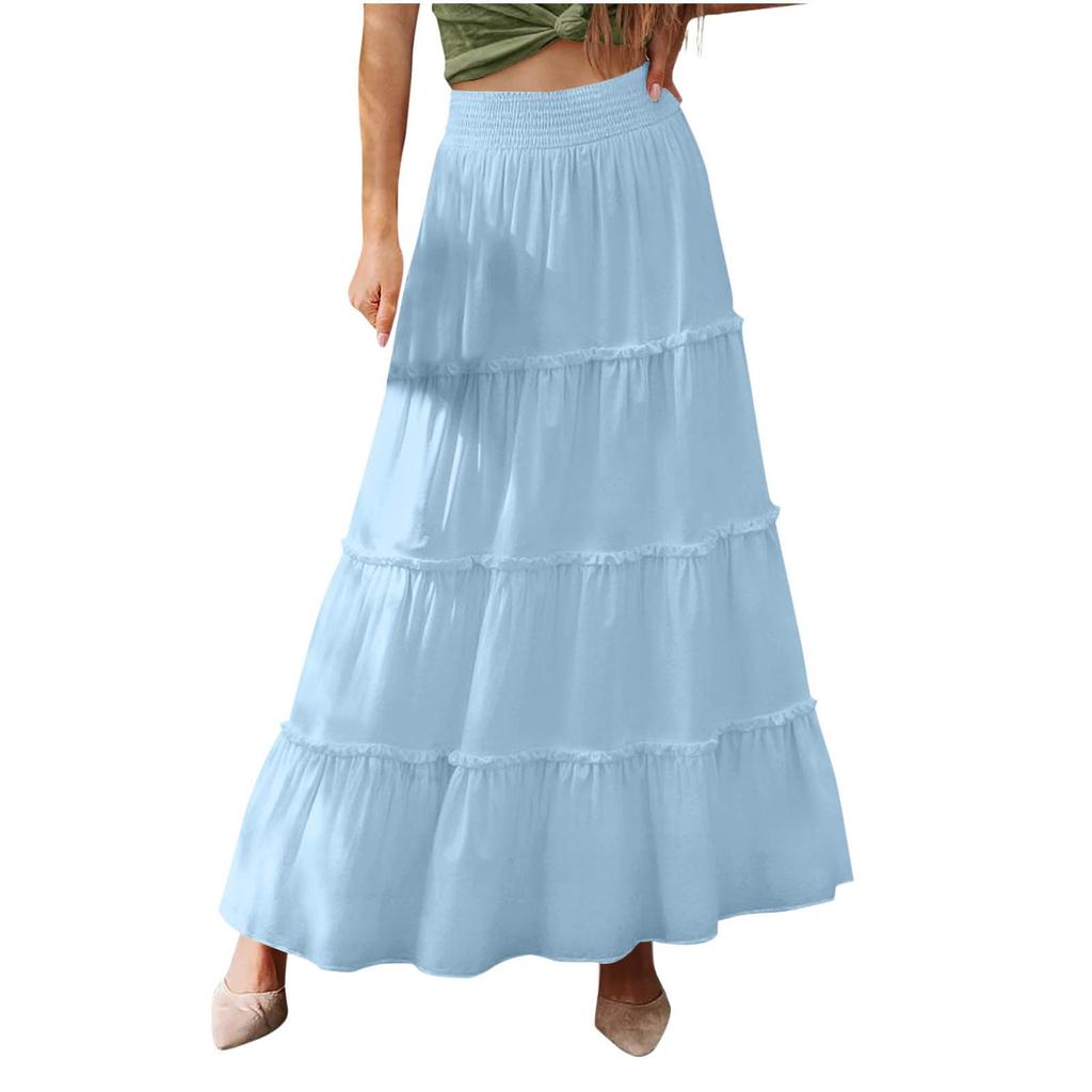 Women's Fashion Color Elastic Waist Skirt Loose Casual High Waist Tie Long Skirt