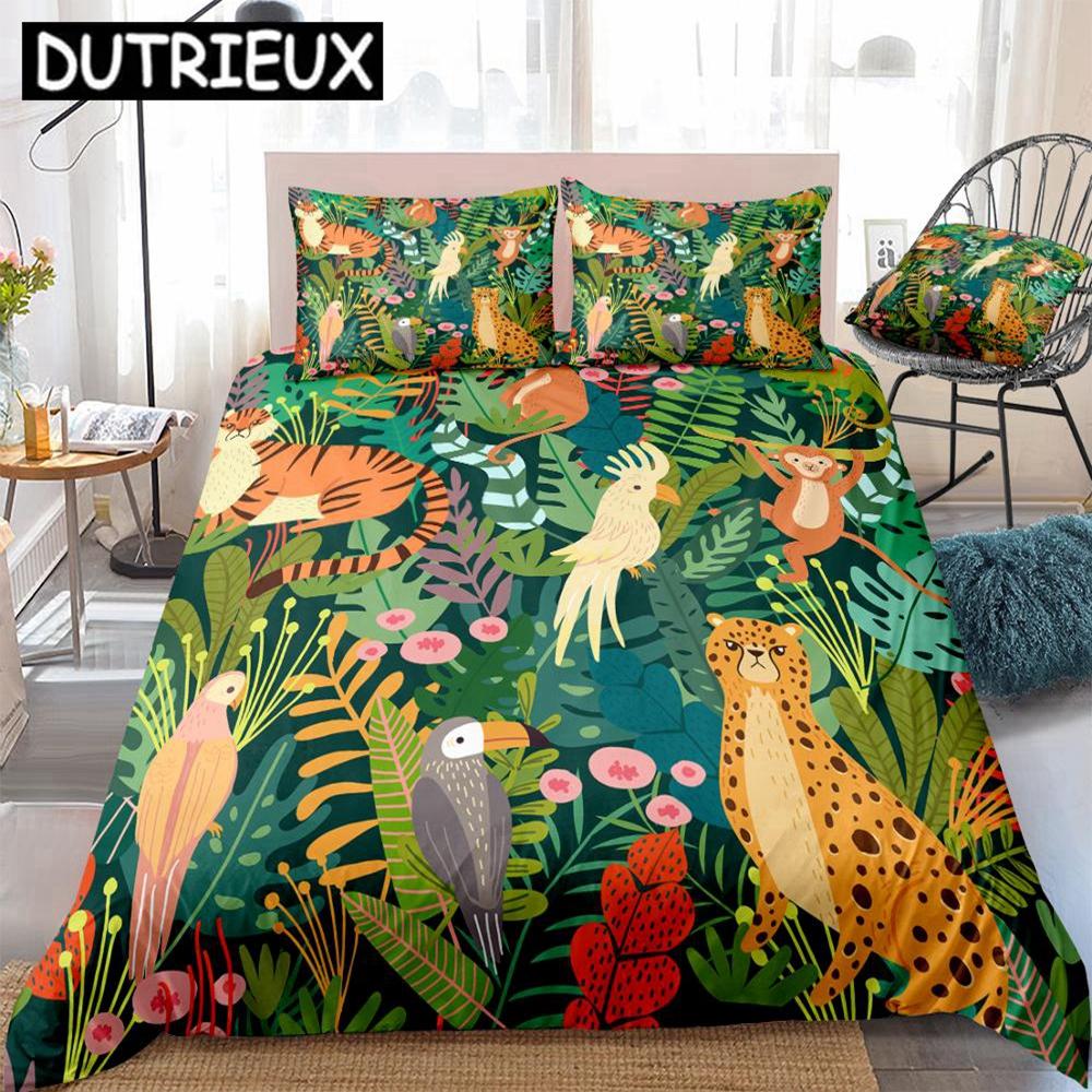 

Wild Animals Bedding Tropical Plants Duvet Cover Set Parrot Monkey Pattern Palm Leaves Quilt Cover Queen Bed Set Kids Dropship (135x200cm)