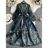 Vintage Court Style Bubble Long Sleeve V Neck Waist-Controlled Lace-up A- Line Printed Dress Elegance Formal Swing Dress Long Skirt