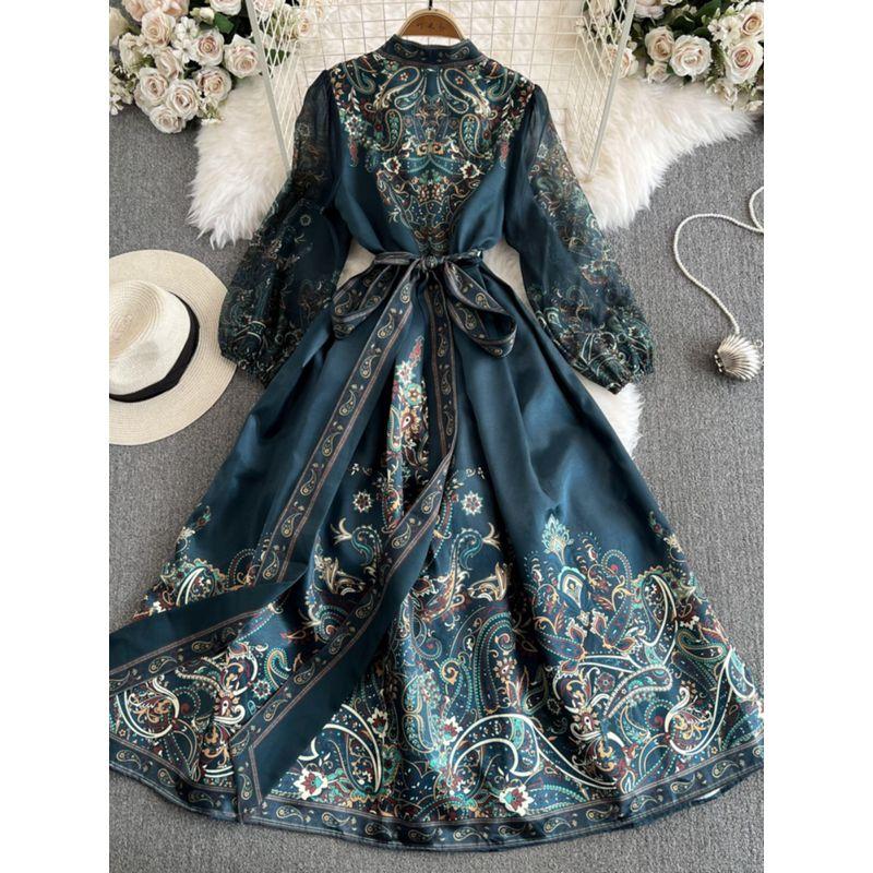 Vintage Court Style Bubble Long Sleeve V Neck Waist-Controlled Lace-up A- Line Printed Dress Elegance Formal Swing Dress Long Skirt