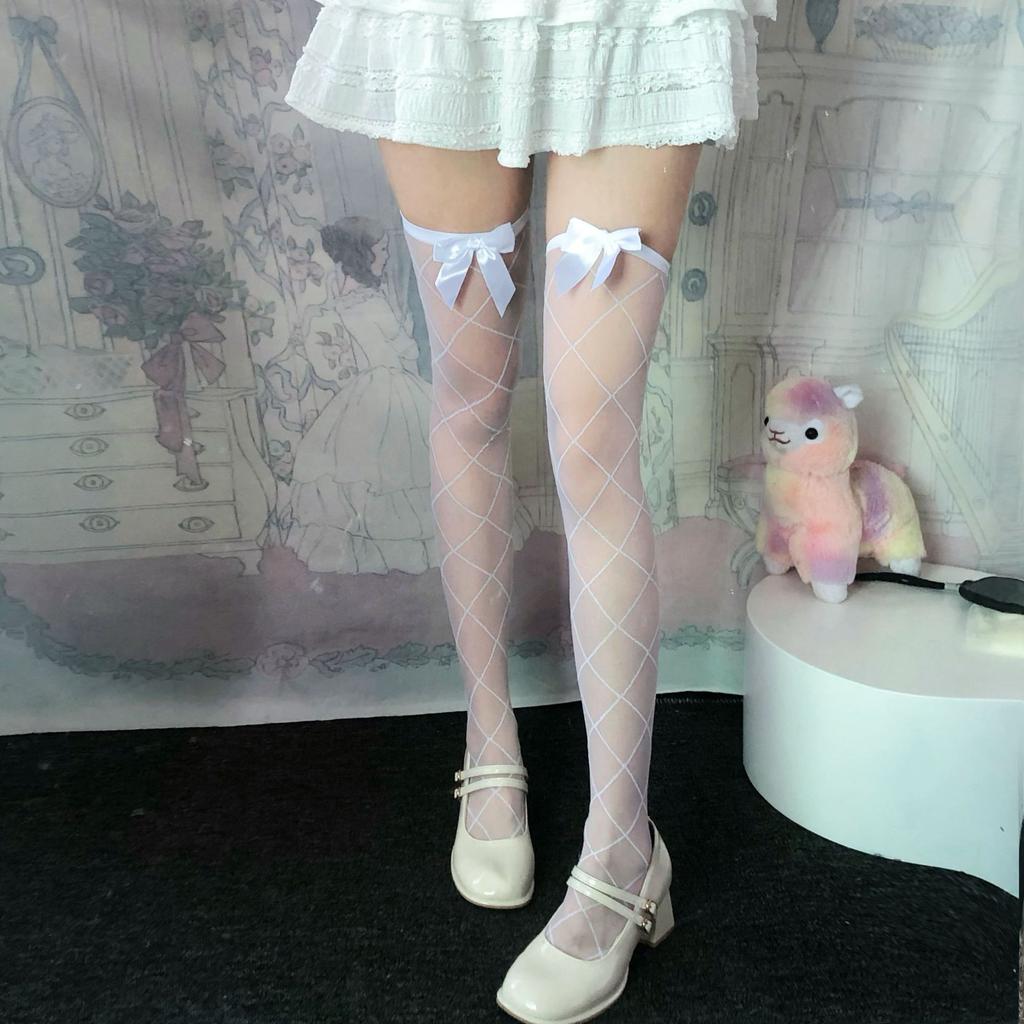Lolita White Bow Over Knee Rhombus Socks Summer Thin Cute Loli Pantyhose Socks Women'S Spring And Autumn