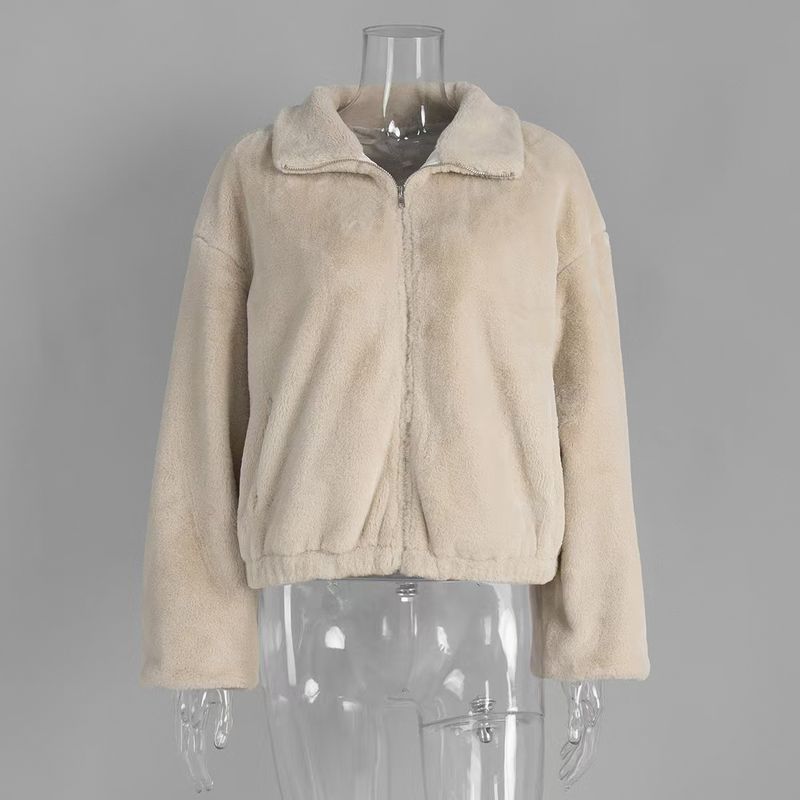 

Европейская и американская плюшевая верхняя одежда со стойкой воротником, новая осенне-зимняя, на молнии, меховой топ, верхняя одежда, свободная куртка на молнии Beige S