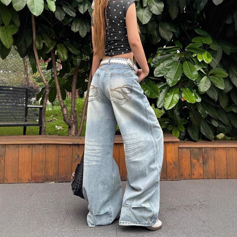 Autumn Winter Loose Casual Embroidery Wide Leg Jeans Women Fashion All-match Straight Denim Pants Trousers