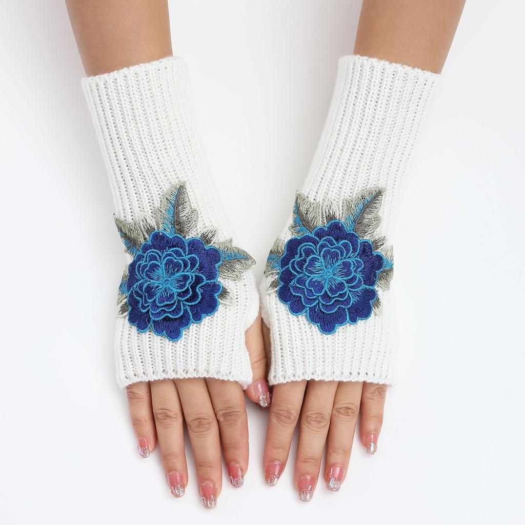 New Autumn and Winter Women's Knitted Woolen Sleeve Sleeves Half Finger Exposed Gloves Fashionable and Warm Short Wrist Guards Flower Gloves