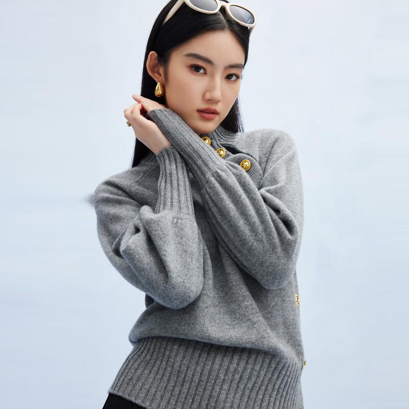 PALUOPO Women's 7-Gauge Pure Cashmere Semi-High Neck Lantern Sleeve Sweater