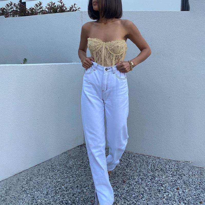 Women Strapless Sheer Mesh Lace Tube Top Sexy Backless Sleeveless Tops Underwear