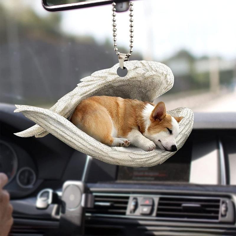 Creative Sleeping Angel Wing Puppy Memorial 2D Flat Car Rear View Mirror Accessories Ornament Decoration Hanging Charm Pendant