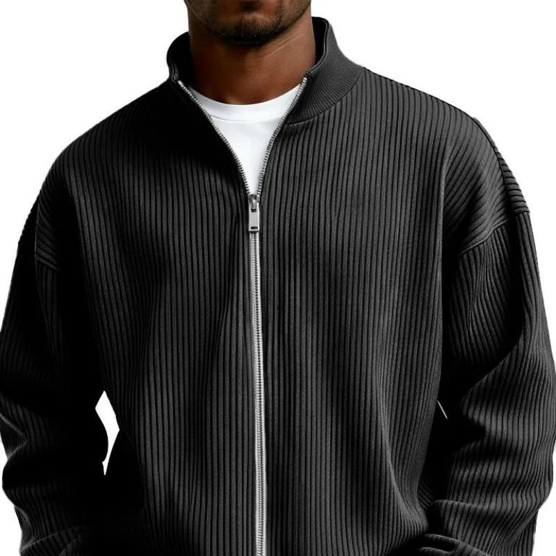 Mens Full Zip Stand Collar Ribbed Sweatshirt Casual Jacket