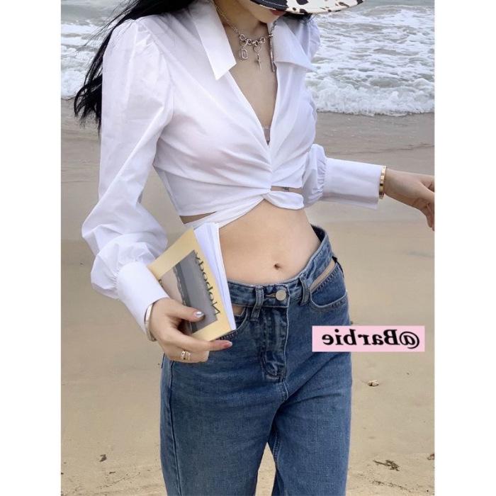 European & American Style V-Neck Lace-Up Lantern Sleeve Top for Women - Sexy High-Waisted Spring Shirt