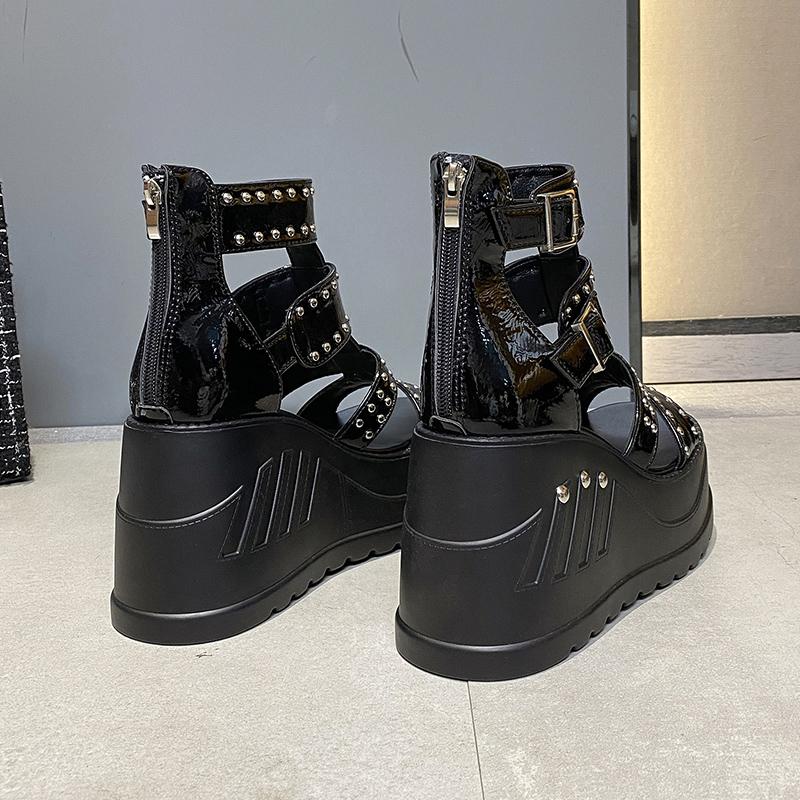 Fashion 2025 Gladiator Wedge Sandals Women's Summer New Fish Mouth Hollow Waterproof Rivet Platform 10cm Heightened Roman Sandals Boots
