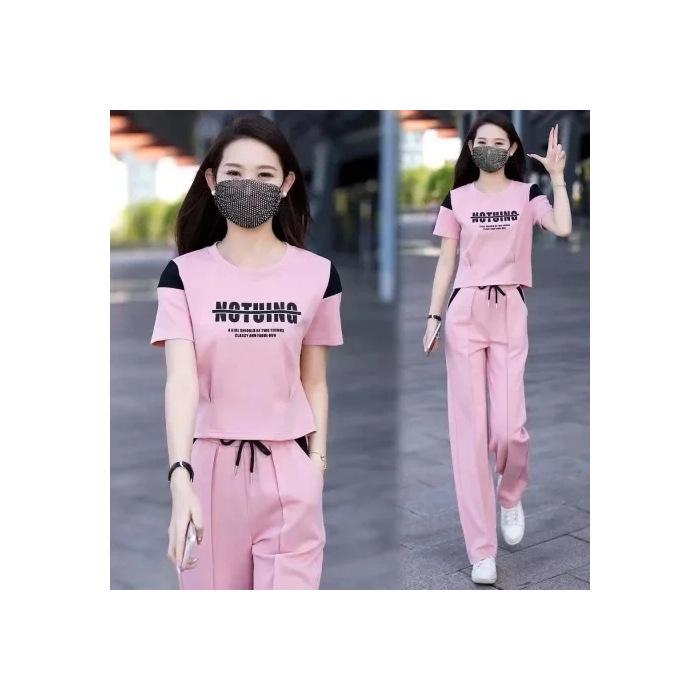 

Женский комплект из брюк широкого кроя слим-фит и топа с коротким рукавом, мода 2025 M розовый