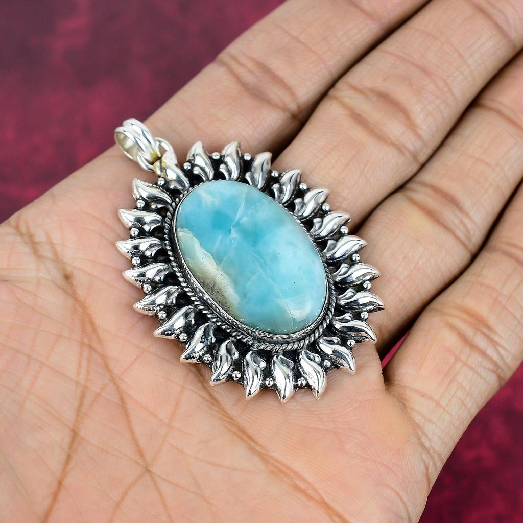 Larimar Pendant Gemstone Jewelry, 925 Solid Sterling Silver Pendant, Handmade Jewelry Birthstone Pendant, Gift For Him
