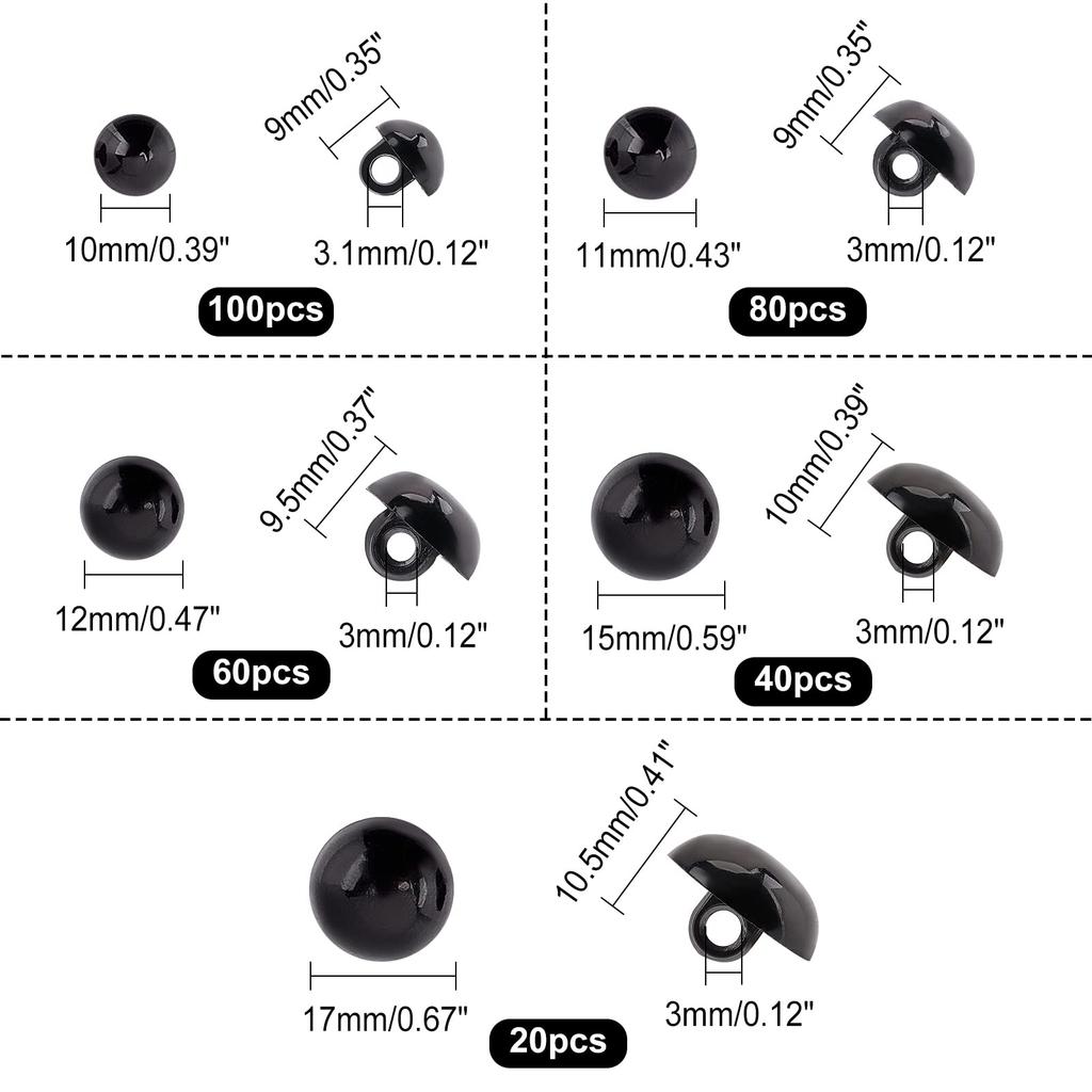 PandaHall Eye Buttons 5 Sizes Black 300 Pieces for Plush Toys Dolls Handicrafts Animal Eyes Sewing Knitting Costume Making