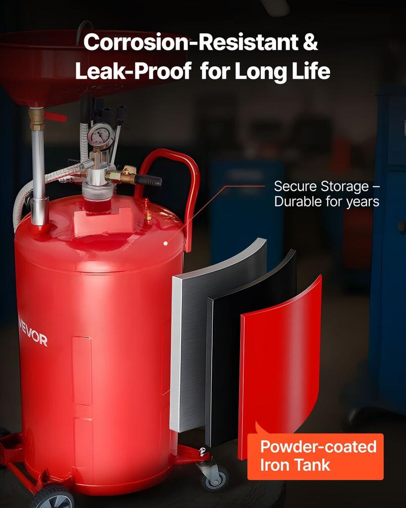 79.5L Waste Oil Drain Tank, Air Operated Portable Oil Drainer with Adjustable Funnel Height, Industrial Fluid Drain Tank with Wheels, Fluid Fuel