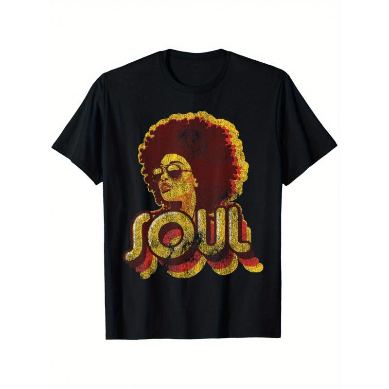 Koszulka z Grafiką Soul w Stylu Retro z Lat 70. - Wzór Muzyki Funk & Soul z Lat 70. Vintage z Odważnym Napisem Soul i Afro dla Mężczyzny Nadruk - Unisex Miękki Elastyczny Komfortowy Krój