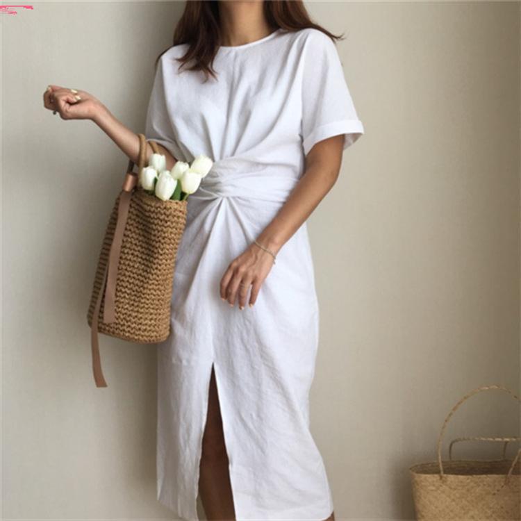 

QICED женская корейская версия легкого платья, повседневная длинная юбка трапециевидной формы выше колена с короткими рукавами и талией One Size