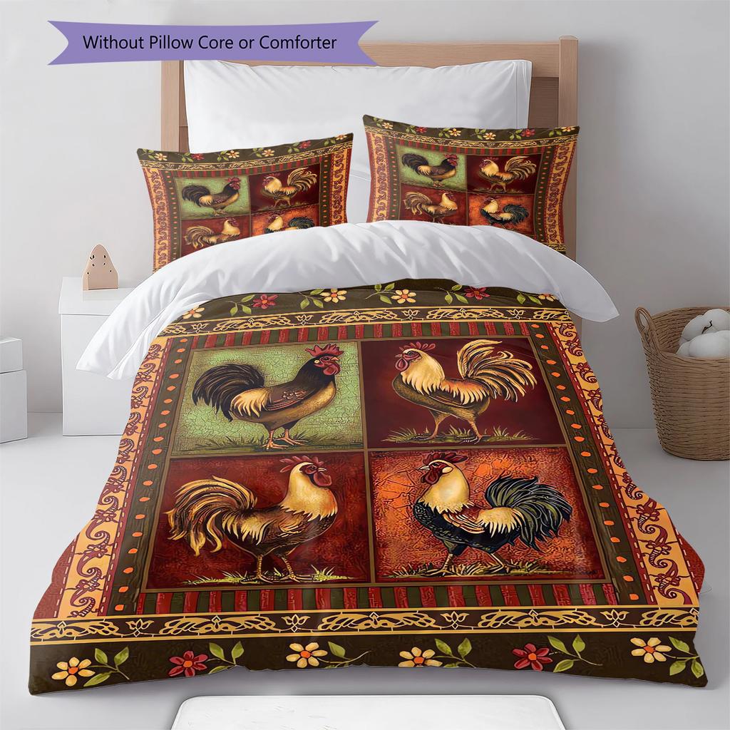 Vintage Chicken Art Pattern Bedding Quilt Set Quilt Cover Pillowcase Home Decoration Gift (1 * duvet cover + 2 * pillowcase, without core)
