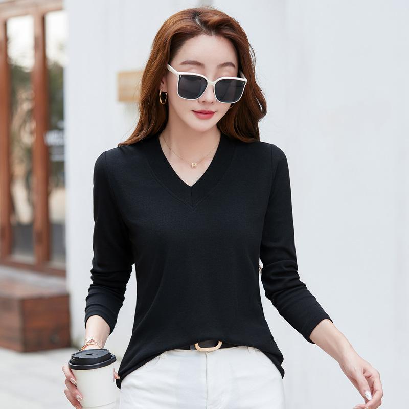 

Новая корейская футболка с V-образным вырезом, однотонная, с длинными рукавами, для женщин, облегающая базовая рубашка, весенний топ для леди 3XL чёрный
