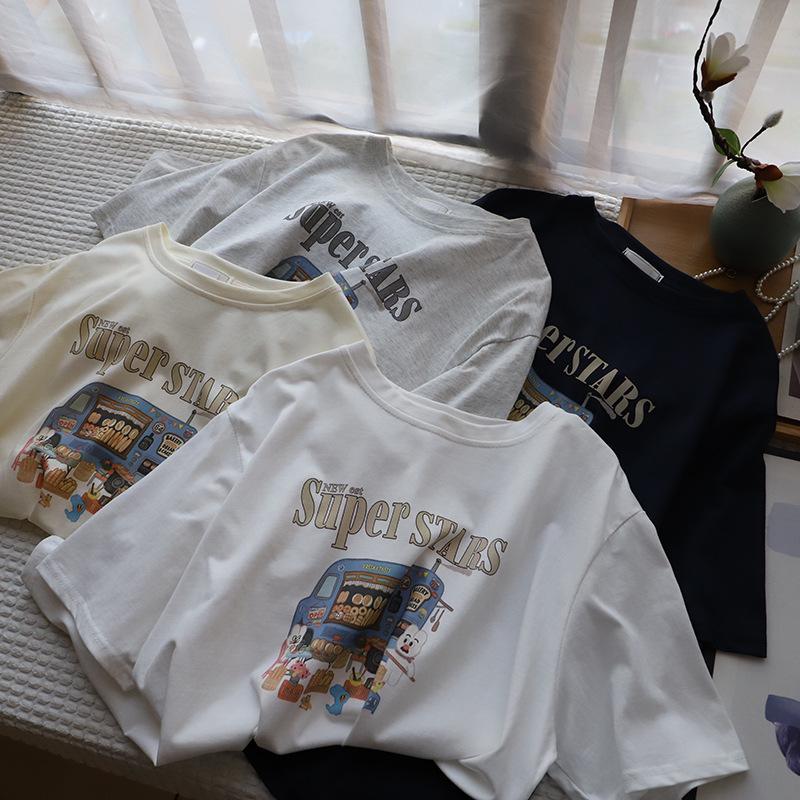 

[Bi Zheng] 2025 Summer Korean Oversized Printed Short Sleeve Women s Casual T-shirt One Size
