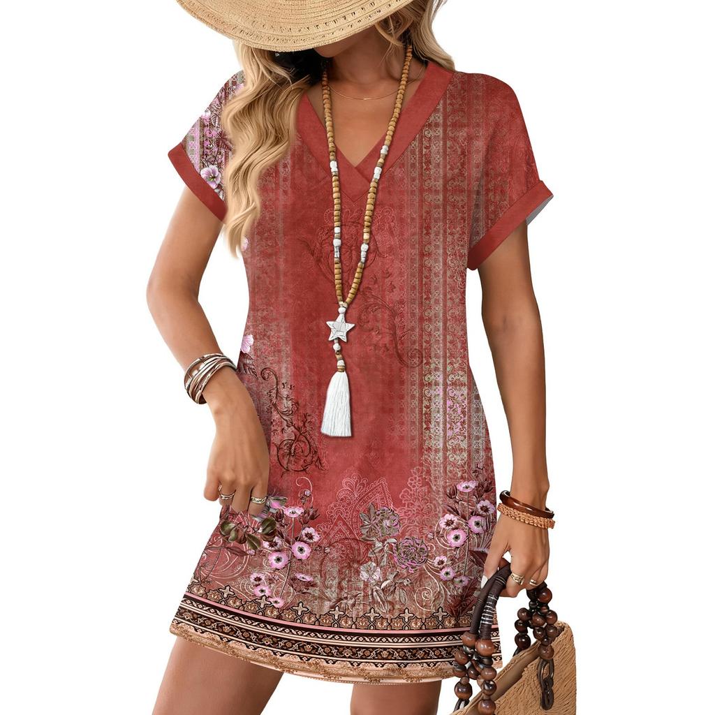 Women's Fashionable Floral Print V-neck Short Sleeved Pocket Casual Pullover Dress