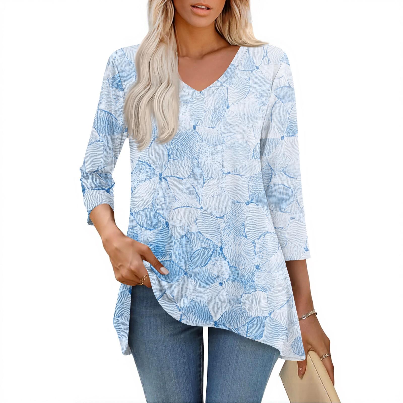 

Женские топы с V-образным вырезом и рукавом 3/4, повседневные блузки средней длины, модные туники с принтом XL небесно-голубой