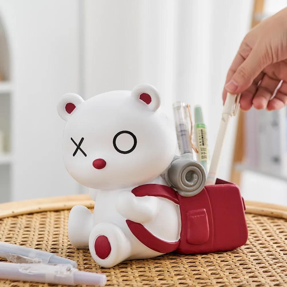 Creative Home Decor Bear Backpack Pen Container Study Desktop Ornament Office Accessories Resin Pen Storage Box Crafts Gift