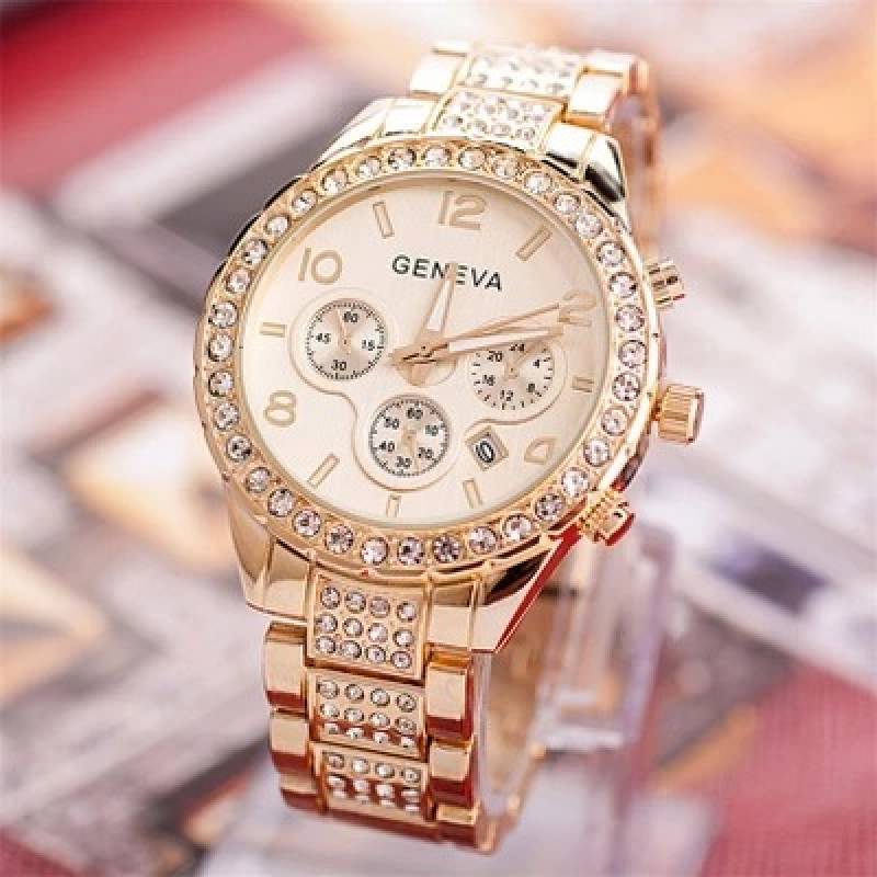 

Brilliant Luxury Geneva Women Crystal Stainless Steel Quartz Analog Wrist Watch золотистий