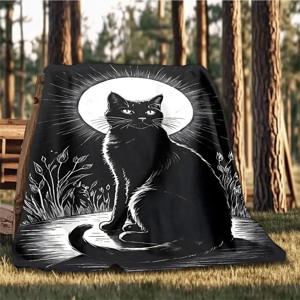 1pc Moonlit Cat Throw Blanket Polyester Fiber, Lightweight Flannel, Soft & Warm, All Season Use for Outdoor, Camping Digital Print