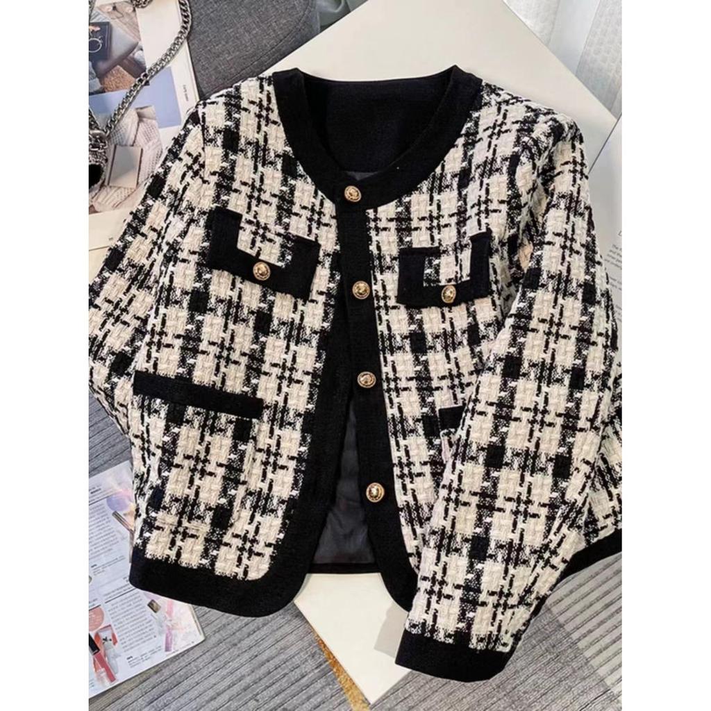 Giacchino Tweedino Profumato da Donna Plaid Bianco e Nero Nuovo Coreano Largo Piccolo Temperamento Top Corto