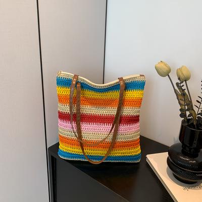 Fashion Striped Summer Shoulder Bag Woven Bohemian Casual Shoulder Purse Large Vacation Bag Holiday Travel Handbag for Women