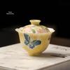 Yiyan Hand-painted Butterfly Gaiwan Ceramic Tea Cup with Flower Rim - Thin-Walled, Heat-Resistant, Ideal for Kung Fu Tea Set