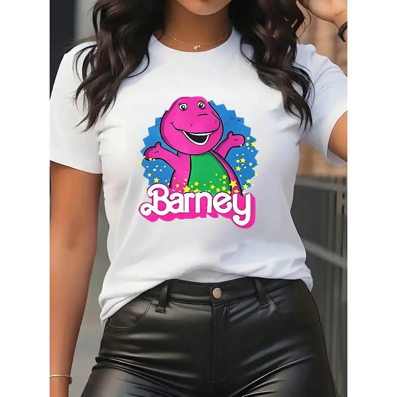 

Creative Pink Dinosaur Pattern Printed Women S Trendy Short-Sleeve T-Shirt, Easy Casual Sports Tee, Comfortable Summer Top for Holidays S белый