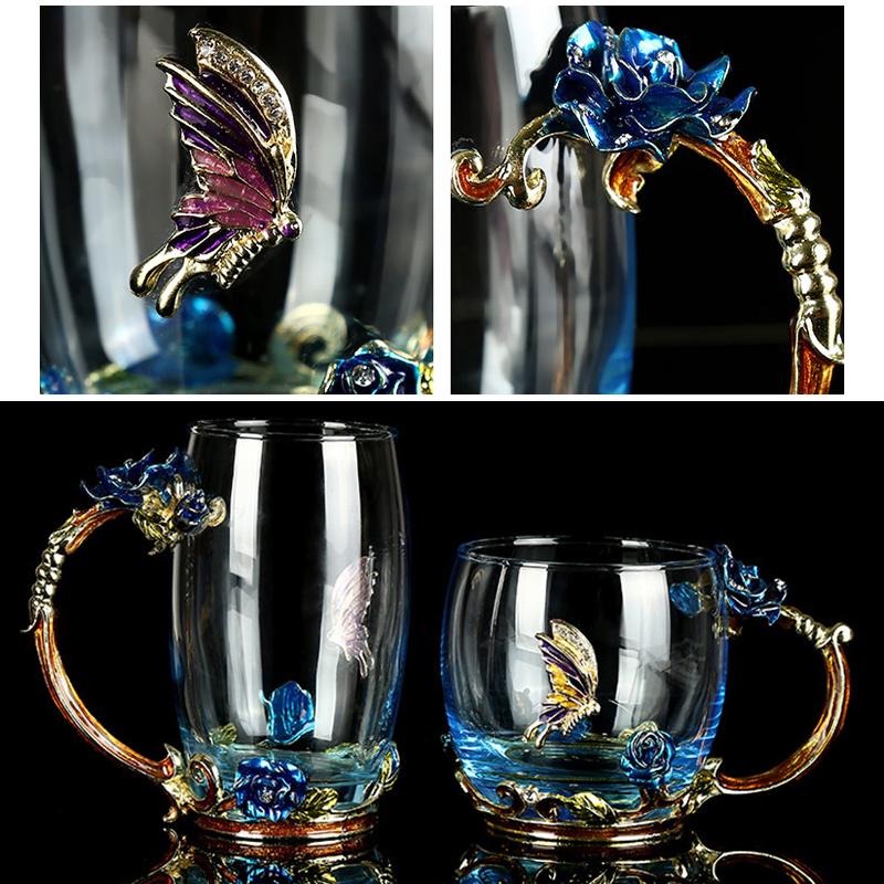 Blaue Rose Emaille Kristall Teetasse Kaffeetasse Becher Schmetterling Blume Wassertasse mit Löffel Trinkgeschirr Glastasse Liebhaber Hochzeit