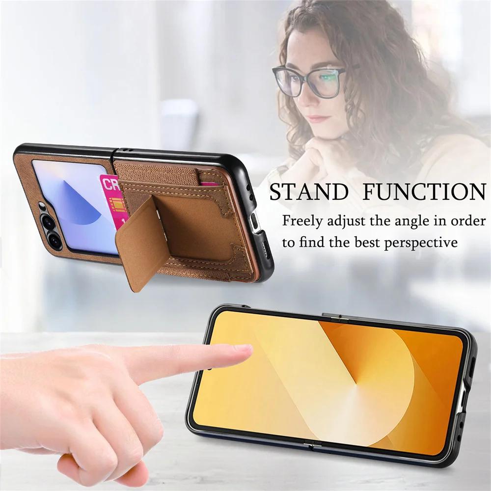 Retro Leather Bracket Wallet with Card Holder Phone Case for Samsung Galaxy Z Flip 6 5 4 3 Flip6 Flip5 Flip4 Protective Cover