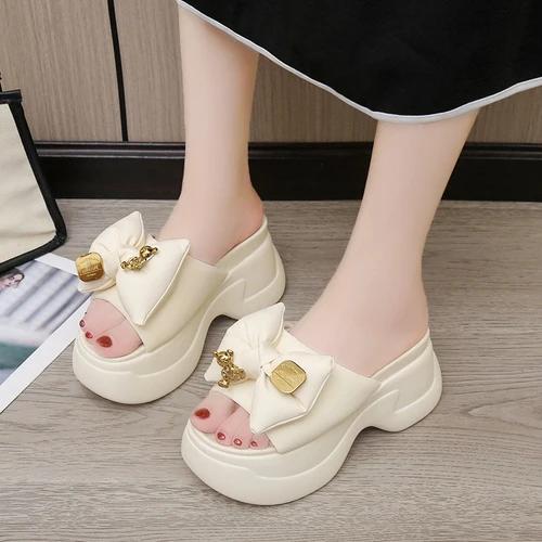 

Модные женские тапочки на высокой платформе 9 см, однотонные кожаные сандалии на толстой подошве, женские летние повседневные пляжные шлепанцы Zapatos Mujer 34 бежевый