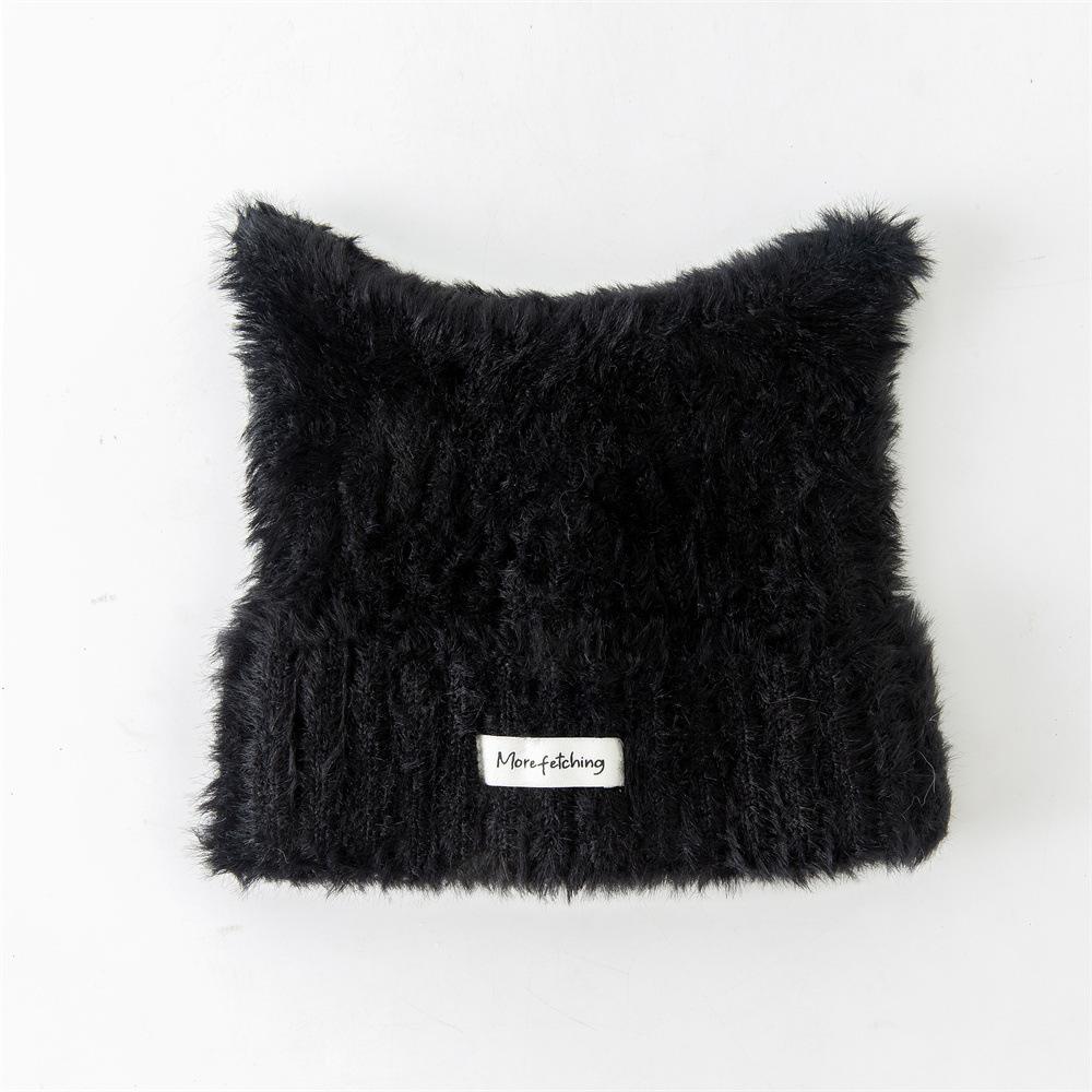 Autumn and Winter New Plush Knitted Hat Cute Cat Ears Cover Versatile Ear Protector Women Cold Hat Showing Face Small Wool Hat