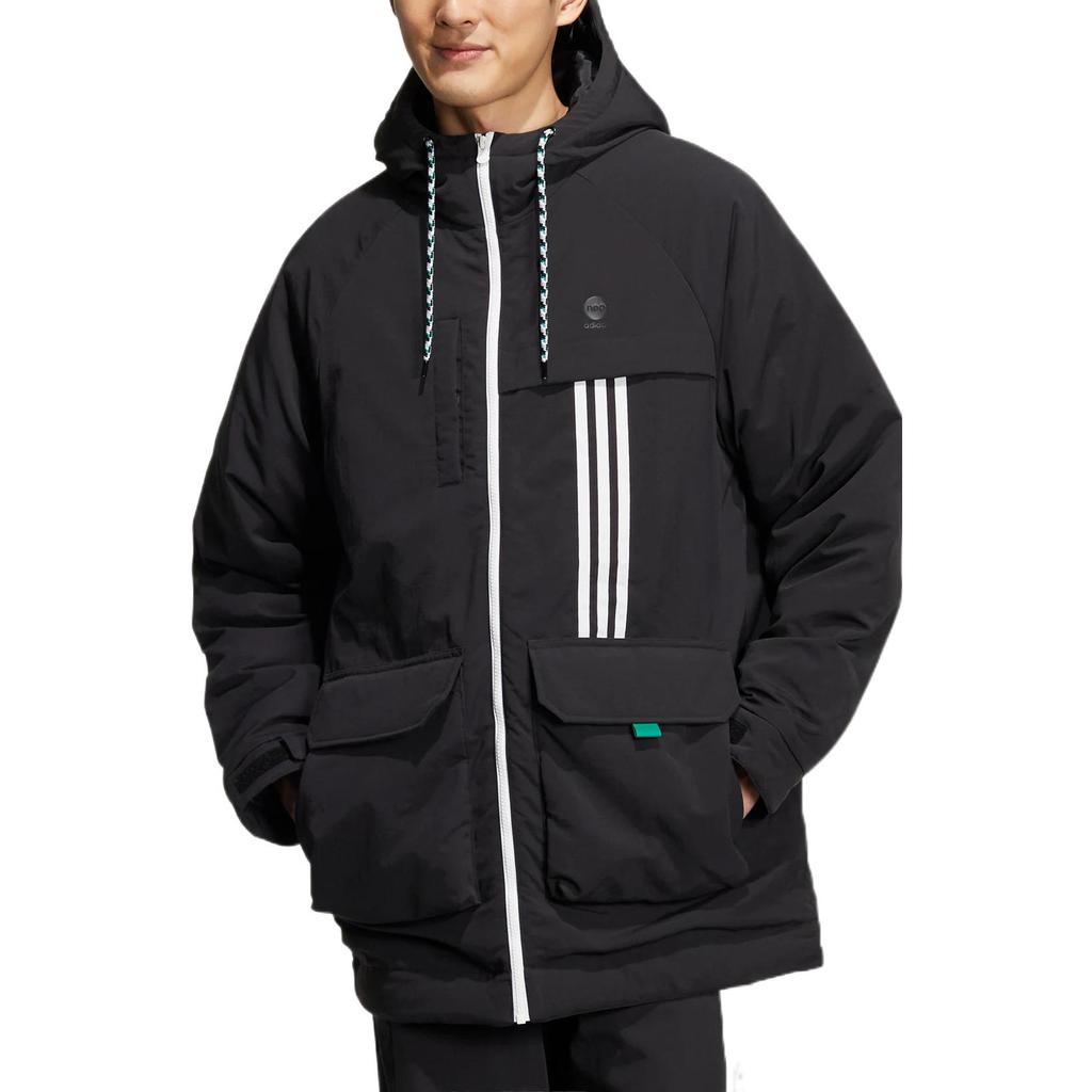 Adidas Neo Striped Letter Print Pattern Zip-Up Hooded Down Jacket Unisex Outerwear Black HN4763