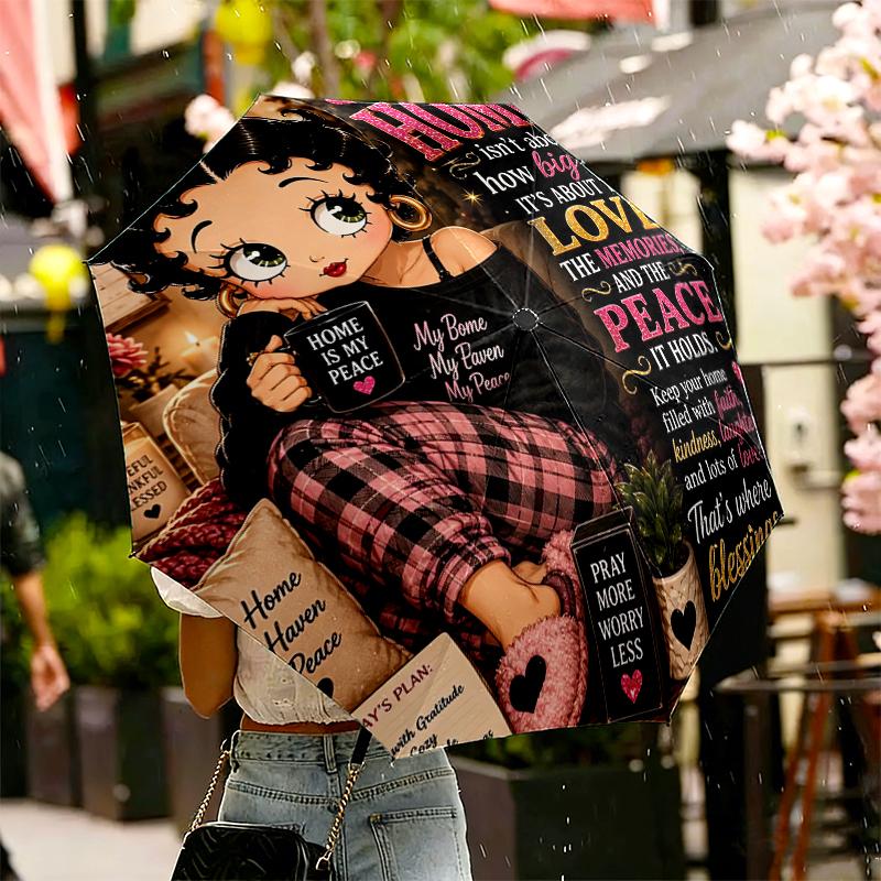 1pc Sturdy 8-Bone Auto Umbrella, Betty Boop Umbrella, Digital Printed, Foldable Umbrella for On-the-Go Outdoor Use
