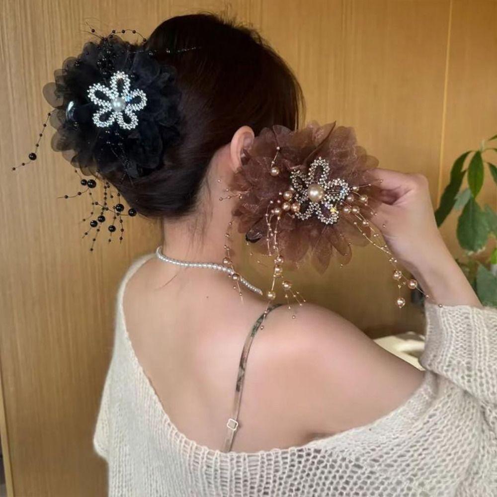 Mesh Sunflower Hair Claws Pearl Tassel Hair Gripper Elegant Shark Hairpins  Women Headdress
