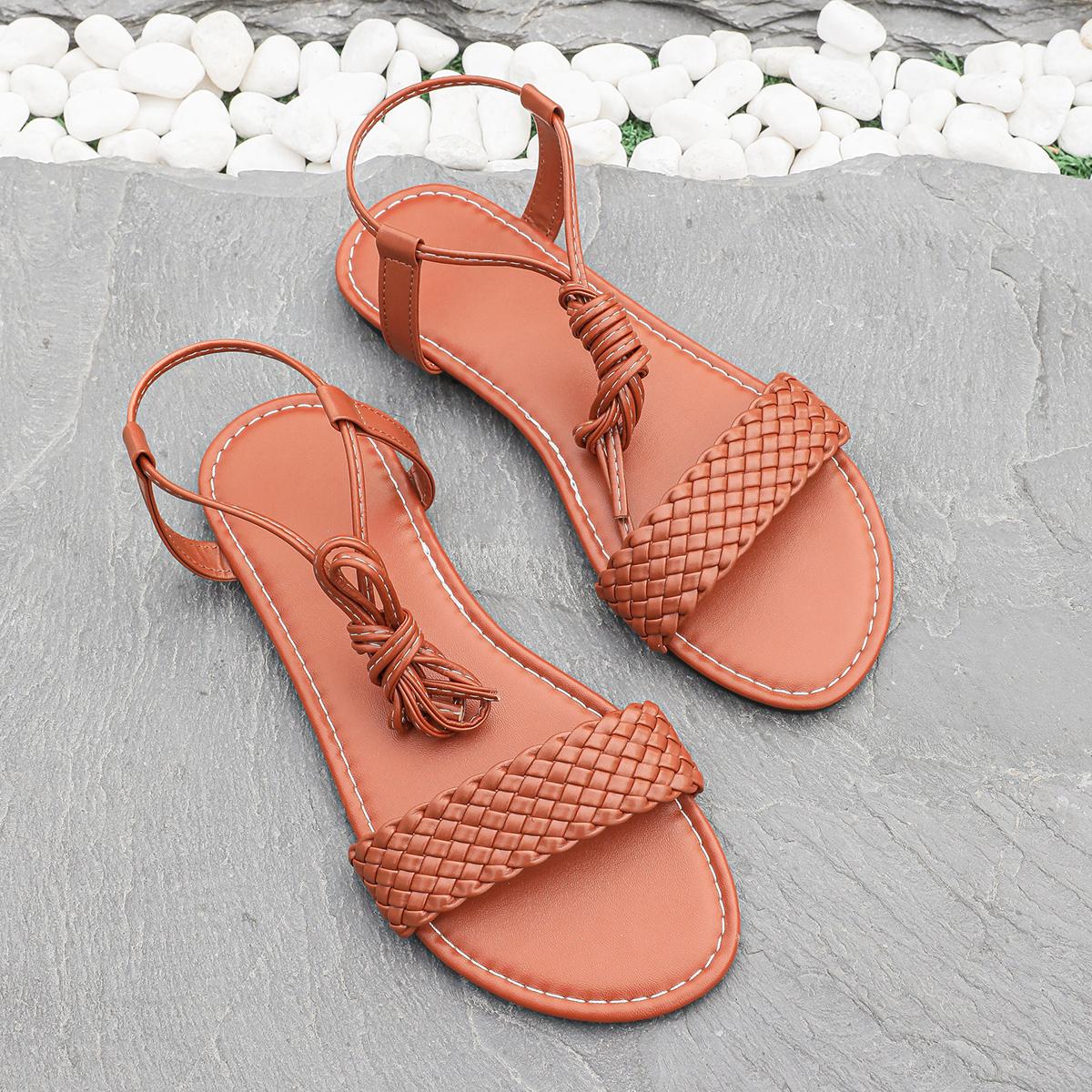 

Последние женские сандалии на плоской подошве с плетеными ремешками, женские туфли коричневого цвета, удобные туфли с ремешками, классные тапочки 35