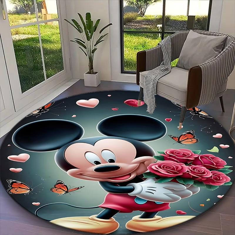 [1pc Mickey Mouse Red Pastel Floral Pattern Black Office Carpet] Easy Maintenance Chair Rug for Conference Room Use, Durable Round Sofa Floor Mat